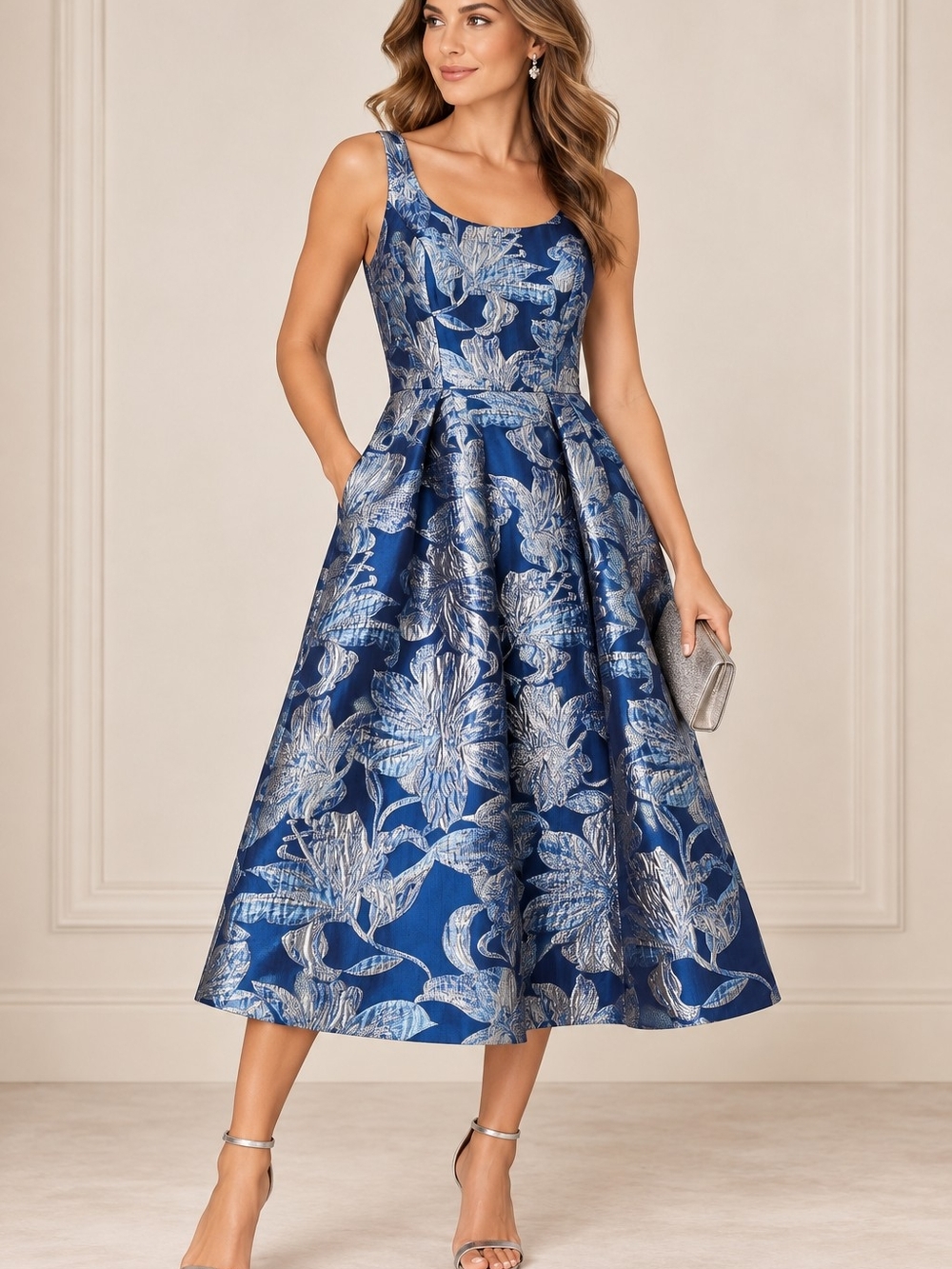 NWT Tahari ASL Brocade Midi Dress Riverside Blue Metallic Floral Size 12